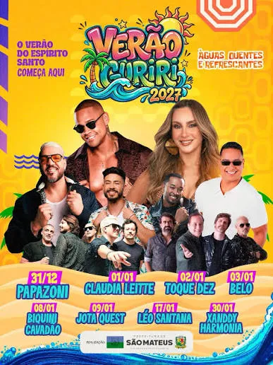 Prefeitura de São Mateus anuncia atrações do Verão Guriri 2026/2027 com Claudia Leitte, Léo Santana e Belo